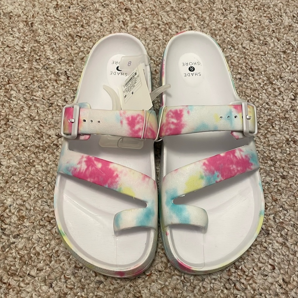 Shade & Shore White Tie-Dye Adjustable Slide Sandals